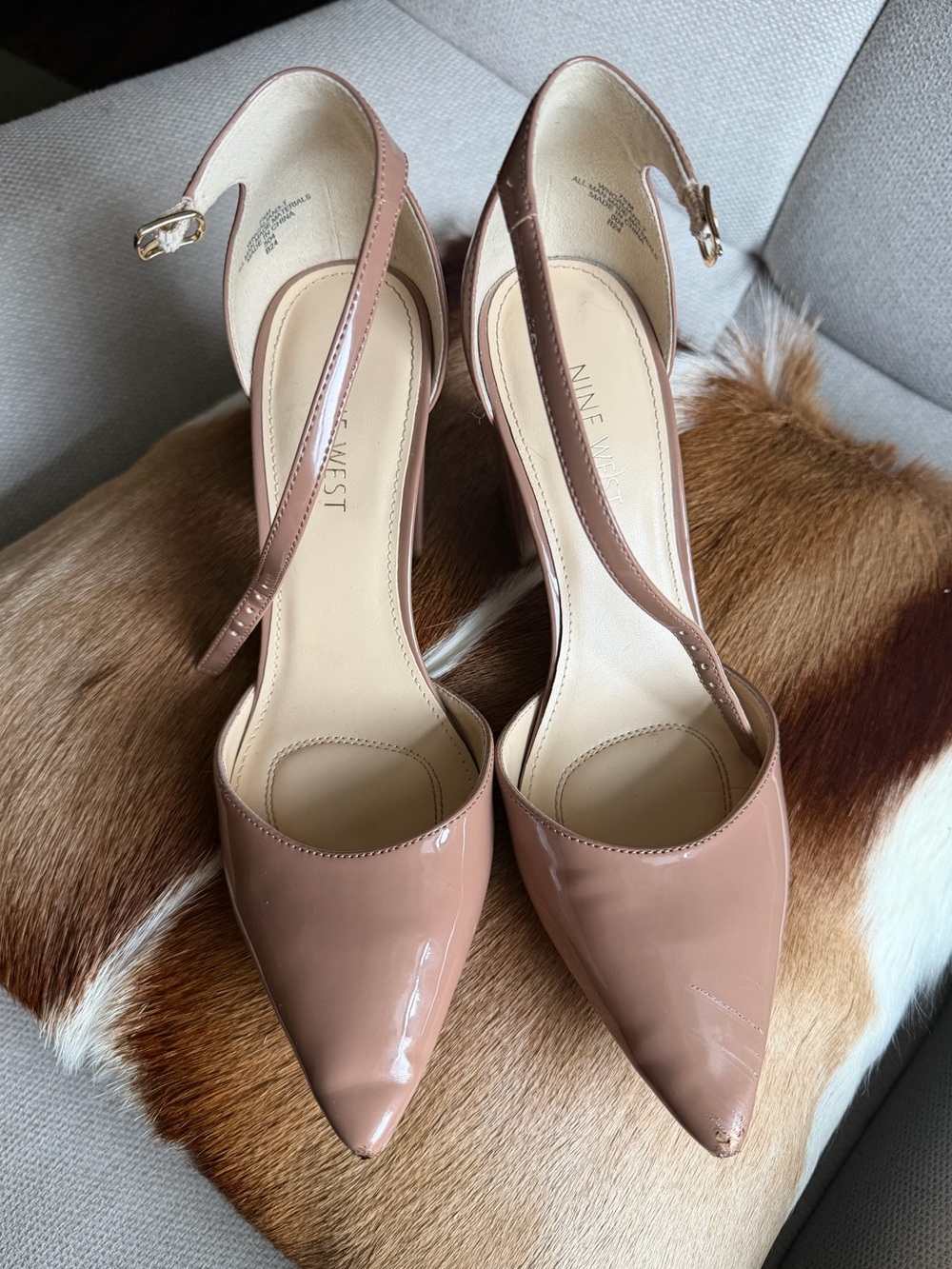 Nine West Patent Pointed-Toe Ankle-Strap Pumps in Blush Nude